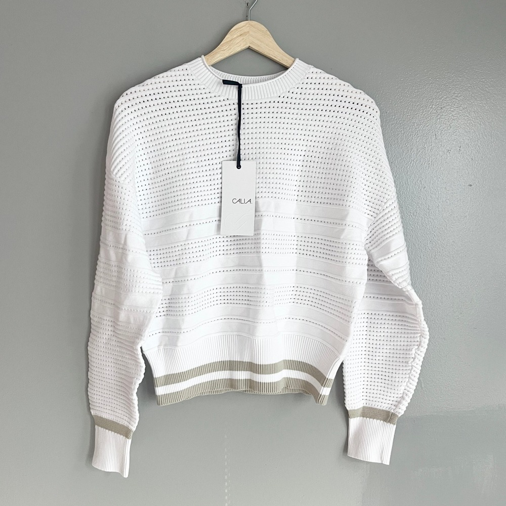 CALIA Elevate Crew Sweater Womens XS White Textured Knit Striped Hem NWT